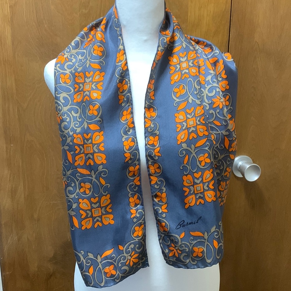 BURMEL ORIGINAL SCARVE GRAY & BURNT ORANGE HAND ROLLED SILK